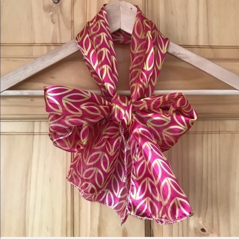 Dressy long Silky pink yellow printed pussybow 60” scarf